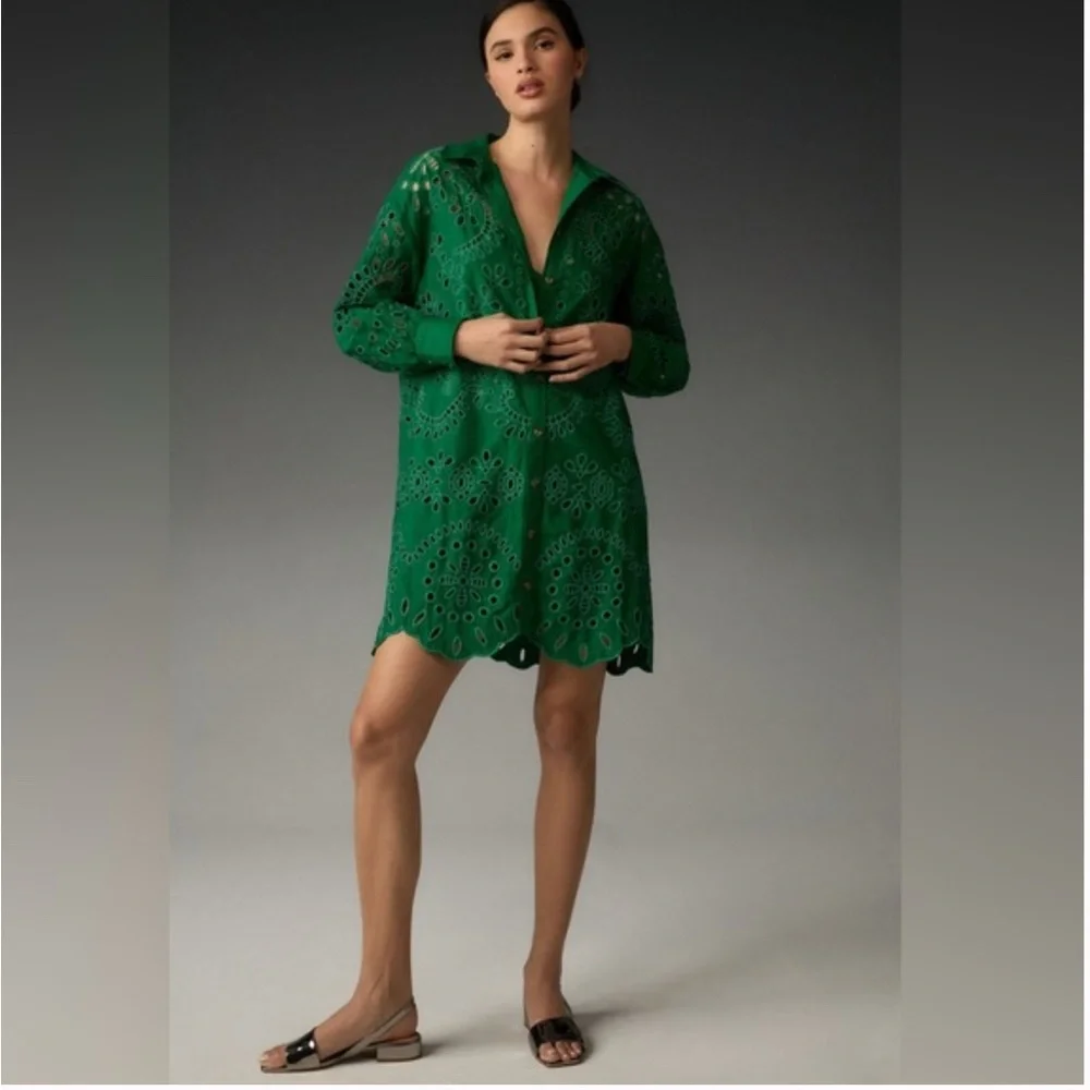 Anthropologie Green Eyelet Dress with slip dress - Picture 1 of 8